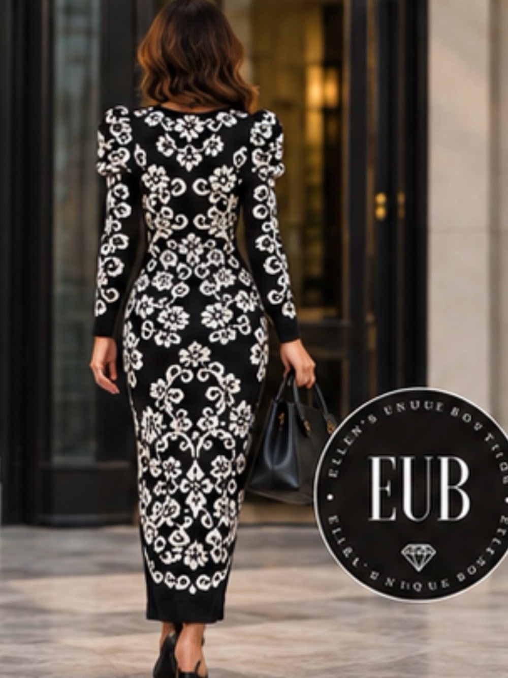 Farm Rio Cashew Mandala Knit Long Puff Sleeve Midi Dress in Black Size XXS New - Picture 5 of 16